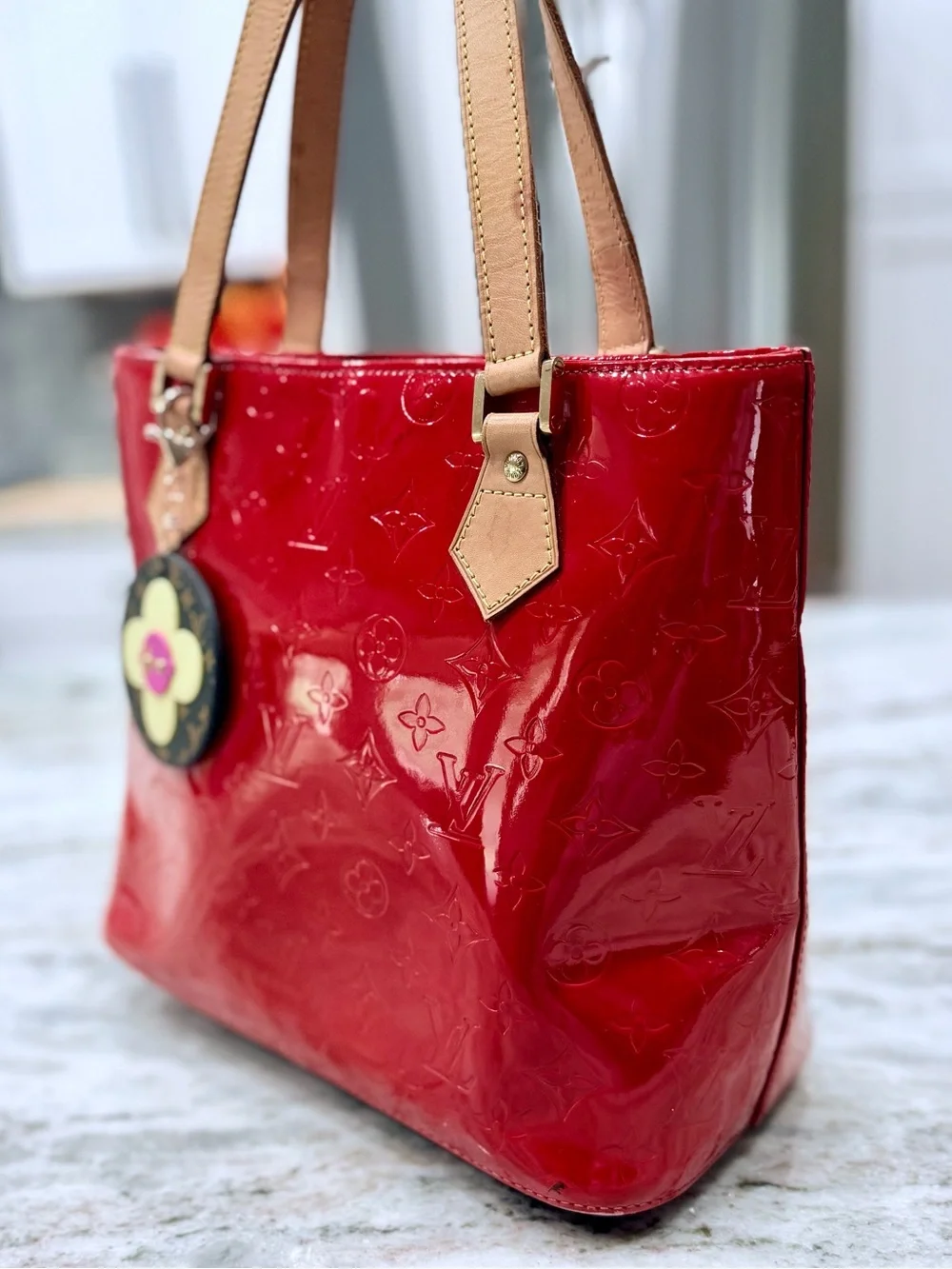 Louis Vuitton Authentic Red Patent Tote Bag with Leather Handless/Trim